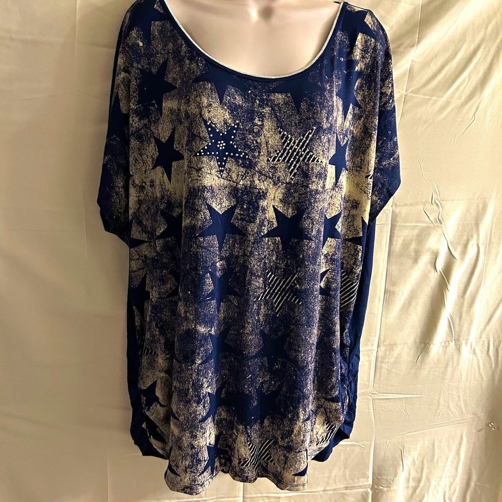 New 3X Skinny Minnie Star Print Studded Scoop Neck Short Sleeve Top#1841*8